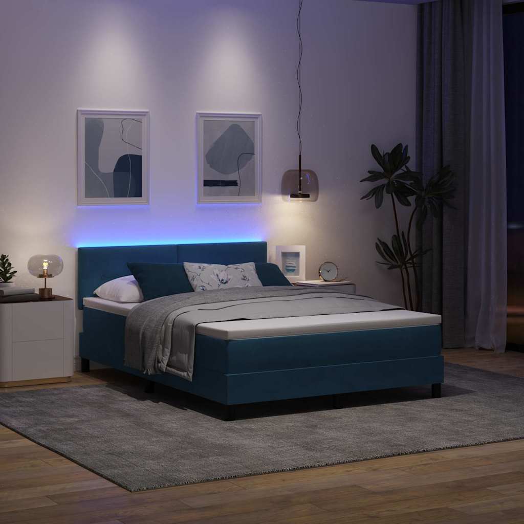 LED Box Spring Bed med madras Mørk blå 160 x 200 cm Fløjl