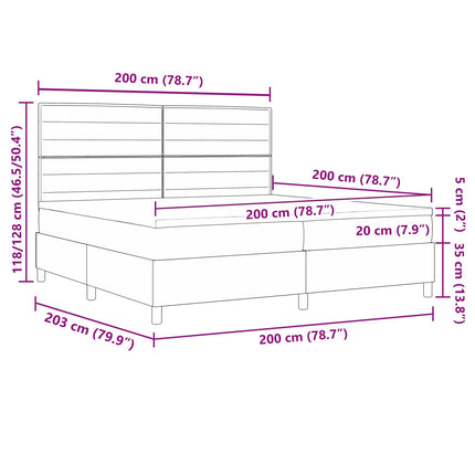 Box spring seng med LED-lysstrimler Gråbrun 200 x 200 cm Stof