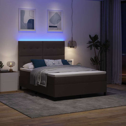 Box spring seng med LED-lysstrimler Mørkebrun 160 x 200 cm Stof