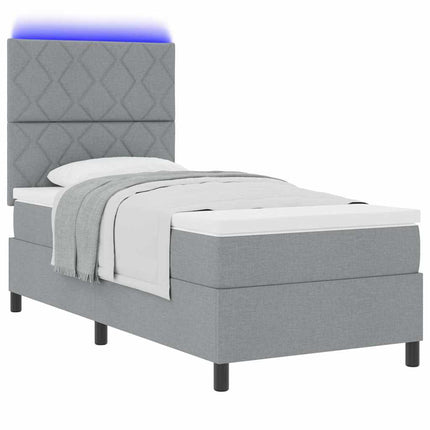 Box spring seng med LED-lysstrimler Lysegrå 90 x 200 cm Stof
