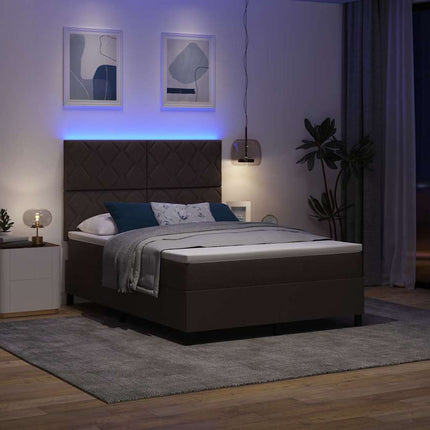 Box spring seng med LED-lysstrimler Mørkebrun 140 x 200 cm Stof