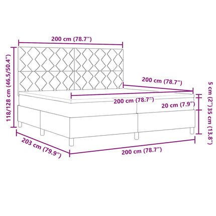 Box spring seng med LED-lysstrimler Lysegrå 200 x 200 cm Stof