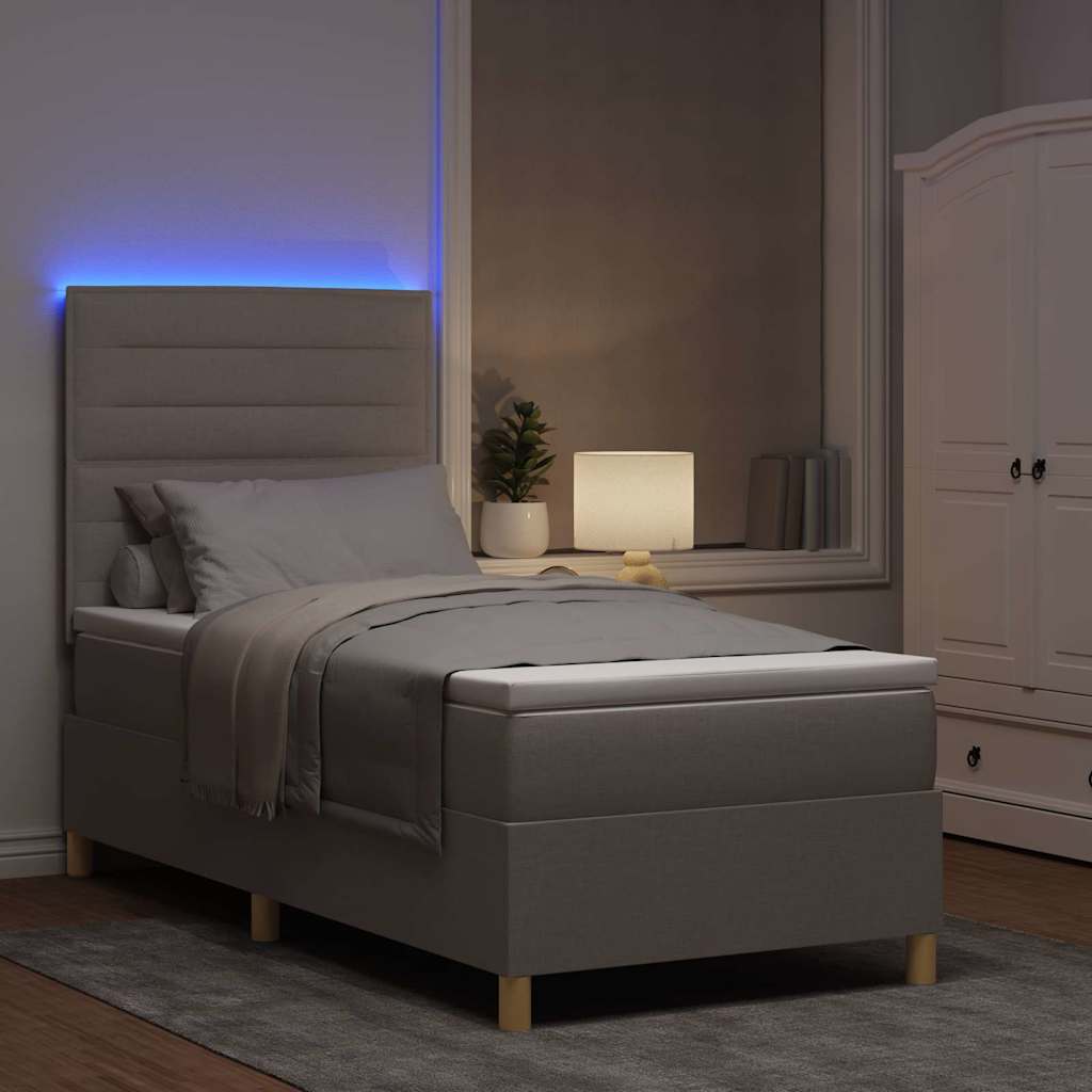 LED Box Spring Bed med madras Gråbrun 90 x 200 cm Stof