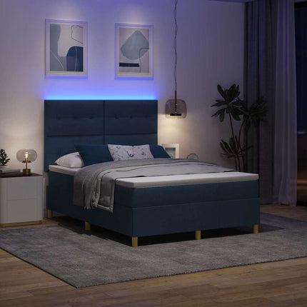 LED Box Spring Bed med hovedgærde Blå 140 x 200 cm Stof