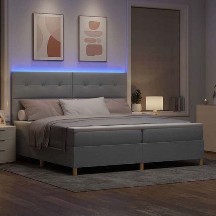 LED Box Spring Bed med hovedgærde Lysegrå 200 x 200 cm Stof