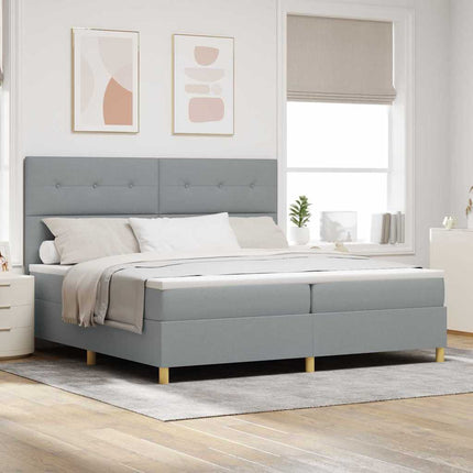 LED Box Spring Bed med hovedgærde Lysegrå 200 x 200 cm Stof