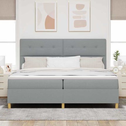 LED Box Spring Bed med hovedgærde Lysegrå 200 x 200 cm Stof