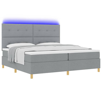 LED Box Spring Bed med hovedgærde Lysegrå 200 x 200 cm Stof