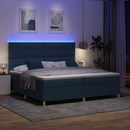LED Box Spring Bed med hovedgærde Blå 200 x 200 cm Stof