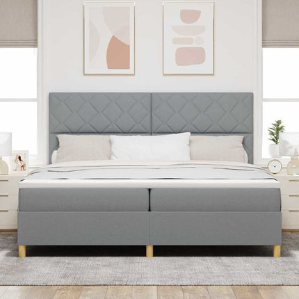 LED Box Spring Bed med hovedgærde Lysegrå 200 x 200 cm Stof