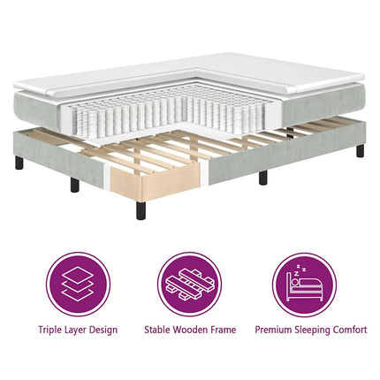 LED Box Spring Bed med madras Lysegrå 90 x 200 cm Fløjl
