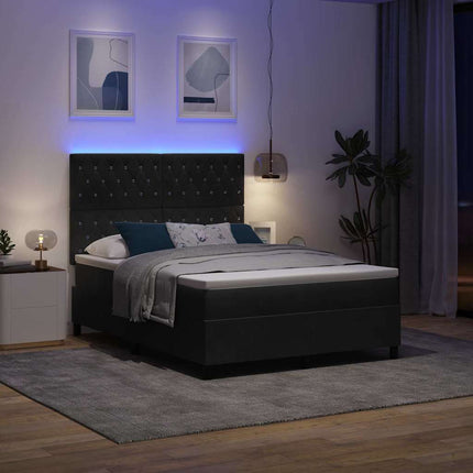 LED Box Spring Bed med madras Sort 140 x 190 cm Fløjl