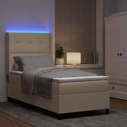 LED Box Spring Bed med hovedgærde Creme 90 x 190 cm Stof