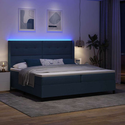 LED Box Spring Bed med hovedgærde Blå 200 x 200 cm Stof