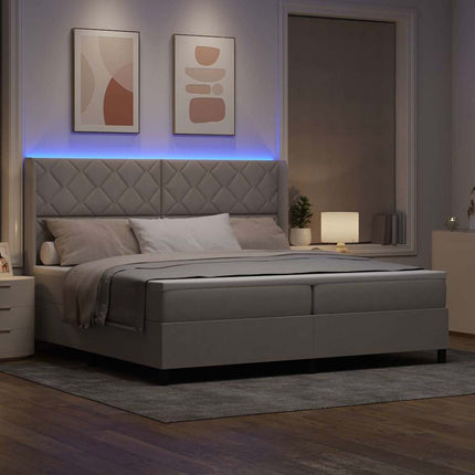 LED Box Spring Bed med hovedgærde Gråbrun 200 x 200 cm Stof