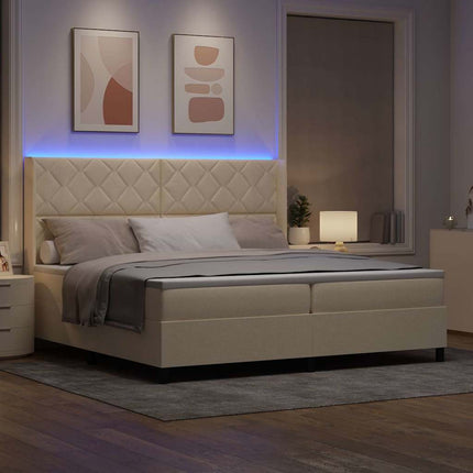 LED Box Spring Bed med hovedgærde Creme 200 x 200 cm Stof