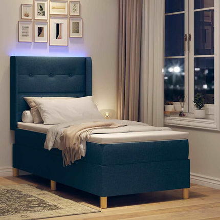 Box spring seng med LED-lysstrimler Blå 90 x 200 cm Stof