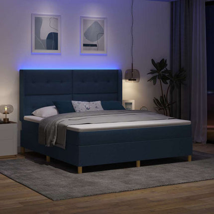 Box spring seng med LED-lysstrimler Blå 180 x 200 cm Stof