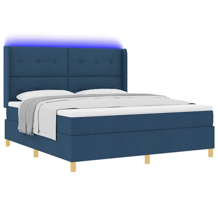 Box spring seng med LED-lysstrimler Blå 180 x 200 cm Stof