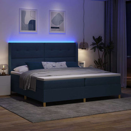 Box spring seng med LED-lysstrimler Blå 200 x 200 cm Stof