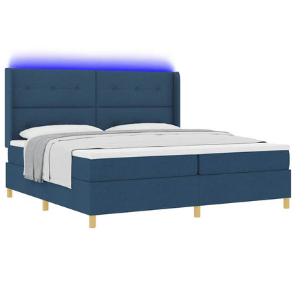 Box spring seng med LED-lysstrimler Blå 200 x 200 cm Stof