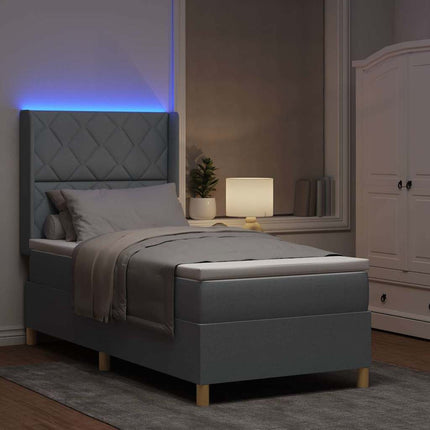 Box spring seng med LED-lysstrimler Lysegrå 90 x 190 cm Stof
