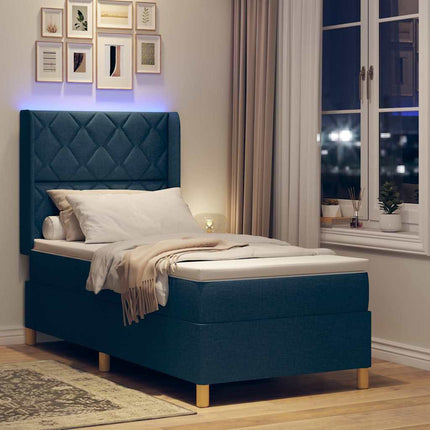 Box spring seng med LED-lysstrimler Blå 90 x 190 cm Stof