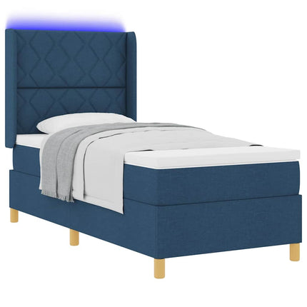 Box spring seng med LED-lysstrimler Blå 90 x 190 cm Stof