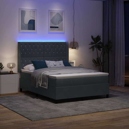Box spring seng med LED-lysstrimler Mørkegrå 140 x 190 cm Fløjl