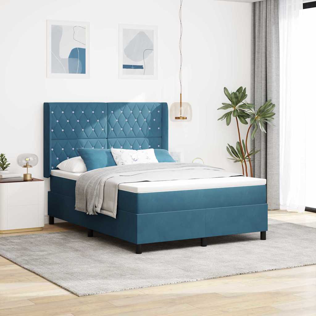Box spring seng med madras med LED Blå 160 x 200 cm Fløjl