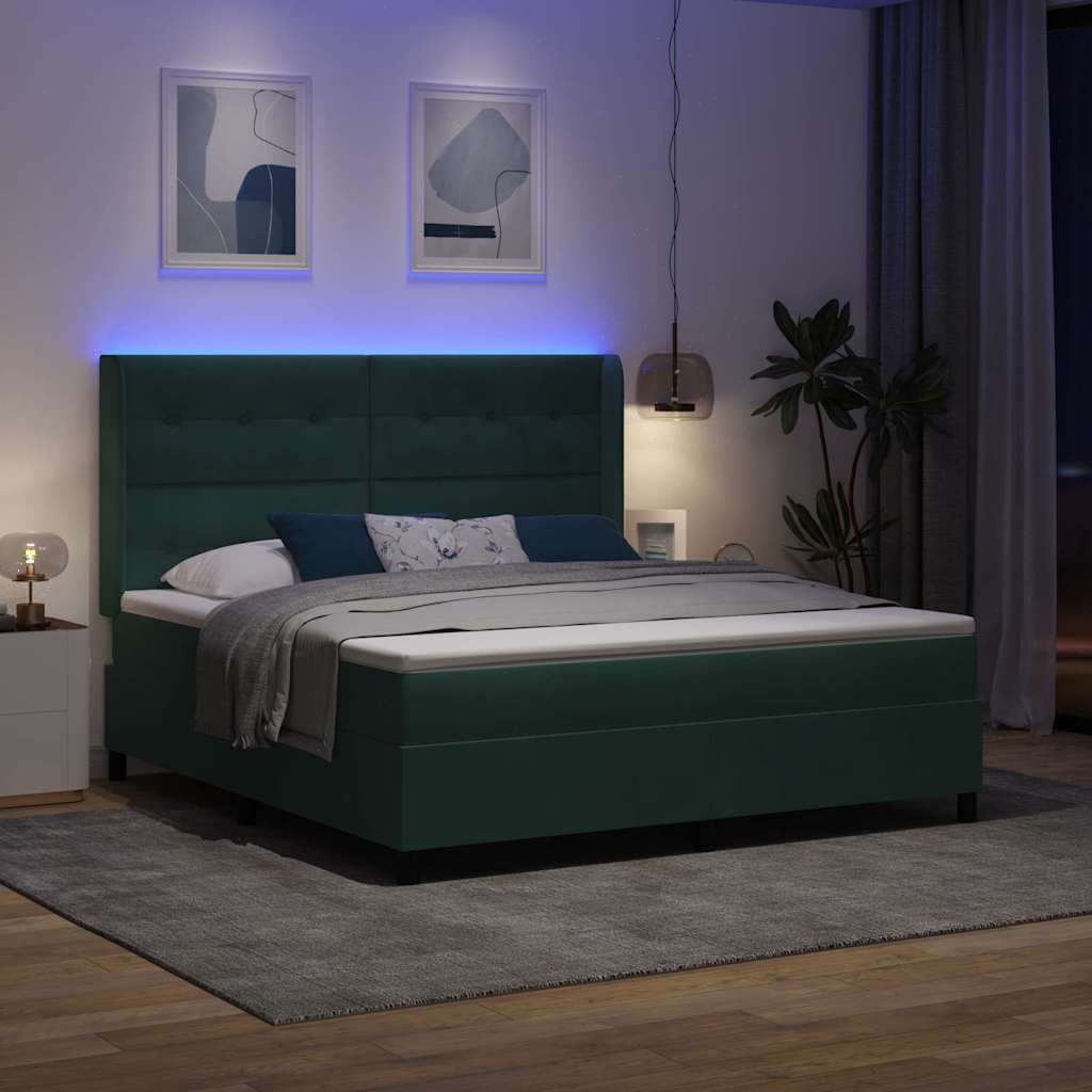 Box spring seng med madras med LED Mørkegrøn 180 x 200 cm Fløjl