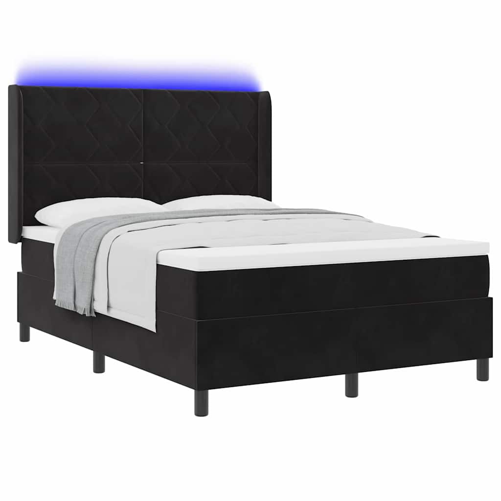 Box spring seng med LED-lysstrimler Sort 140 x 190 cm Fløjl