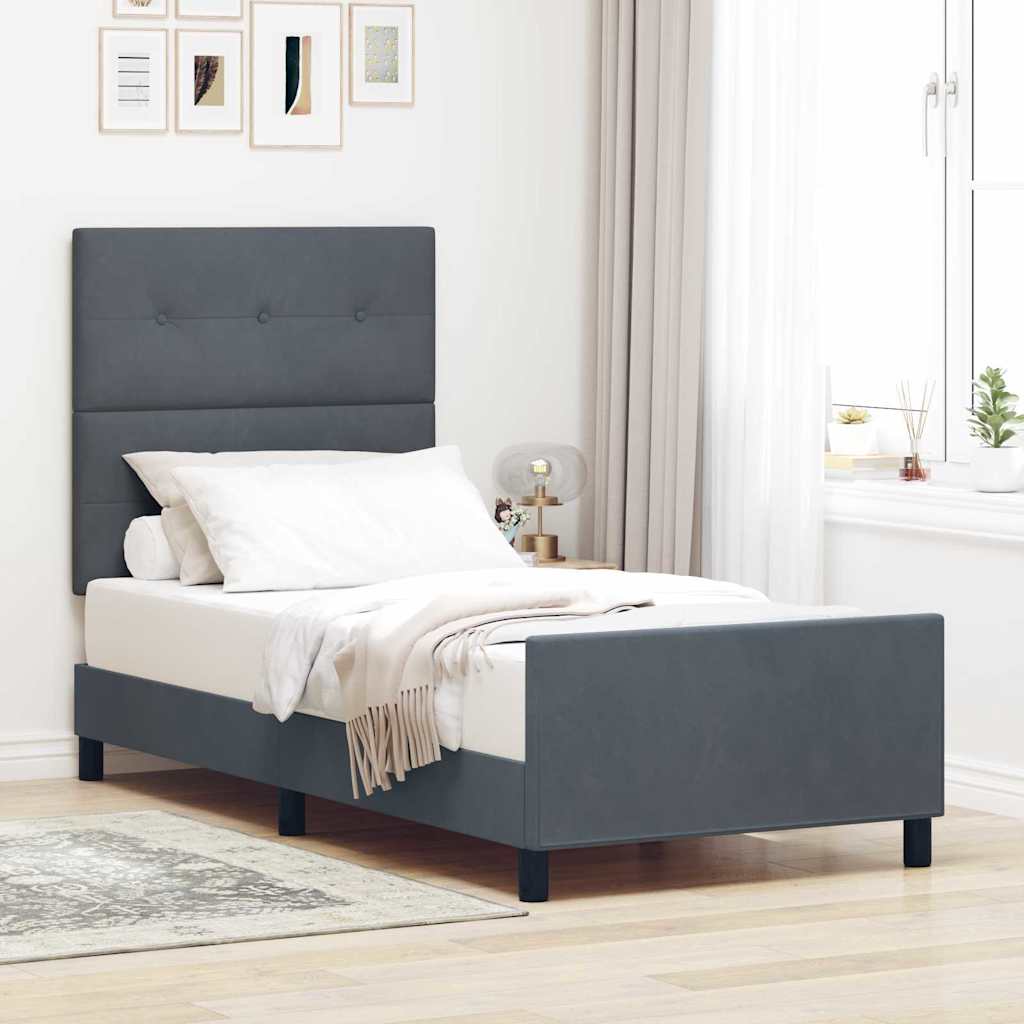 Box Spring Seng Med Hovedgærde Fløjl - Mørkegrå / 90 X 190 cm / Knap-tuftet