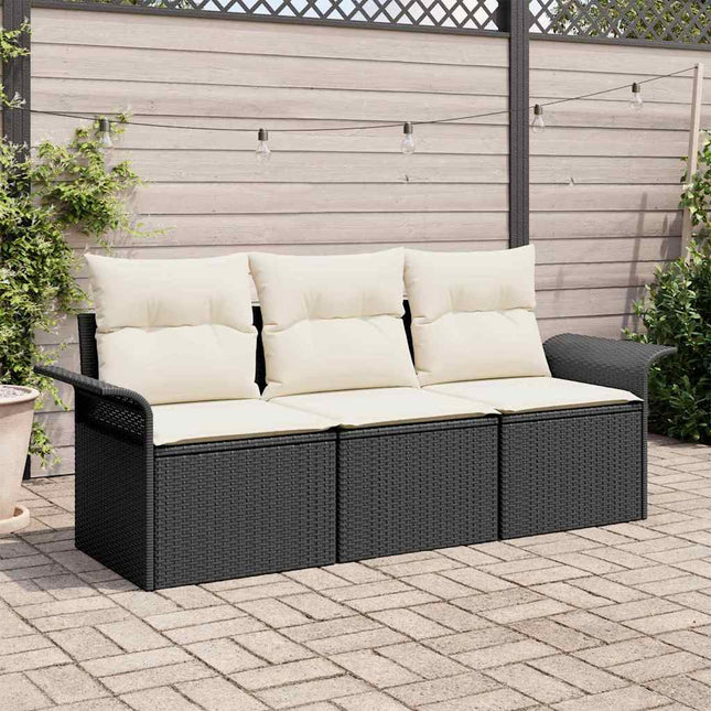 Havesofa Sæt med pude med opbevaring 3 pcs Sort Poly rattan