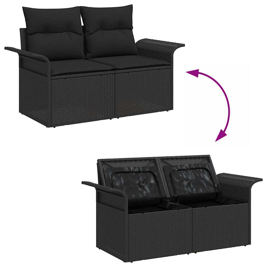 Havesofa Sæt med pude med opbevaring 3 pcs Sort Poly rattan