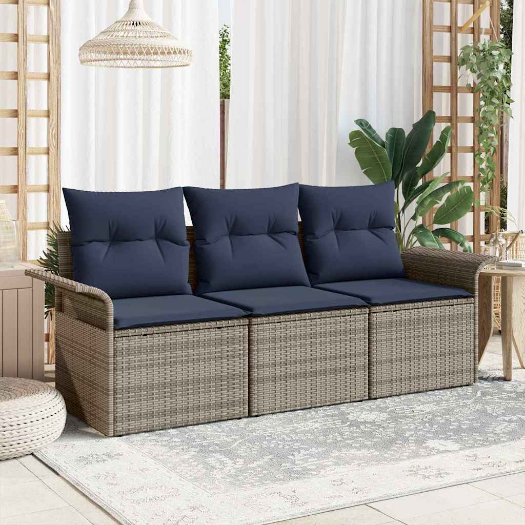 Havesofa Sæt med pude med opbevaring 3 pcs Grå Poly rattan