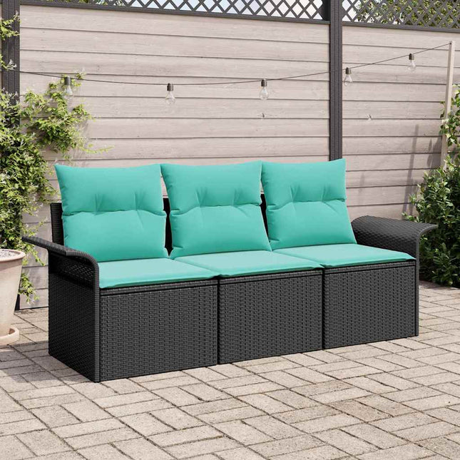 Havesofa Sæt med pude med opbevaring 3 pcs Sort Poly rattan