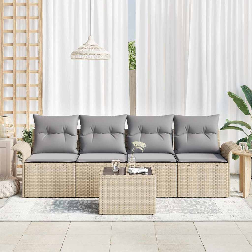 Havesofa Sæt med pude 5 pcs Beige og grå polyrattan