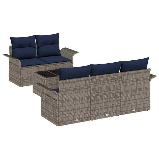 Havesofa Sæt med pude 6 pcs Grå og Marineblå polyrattan