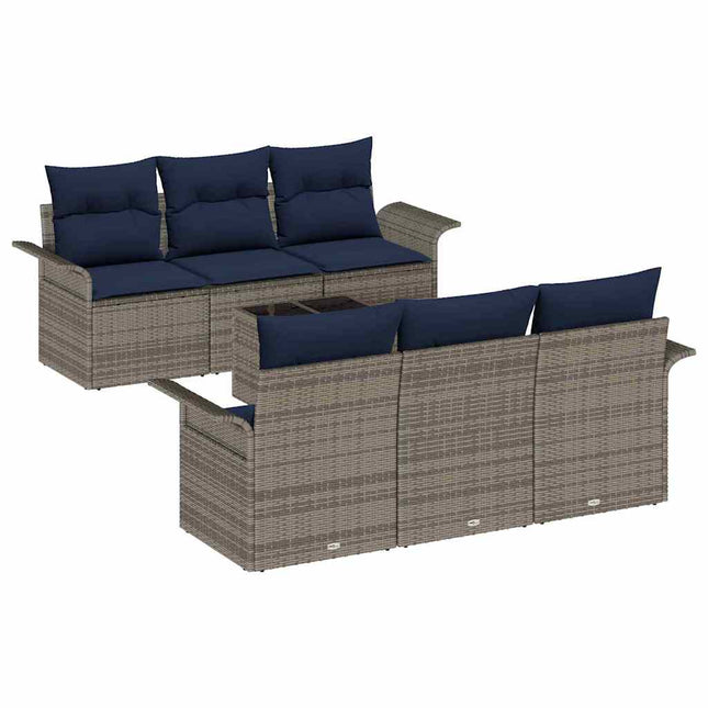 Havesofa Sæt 7 pcs Grå og Marineblå Polyrattan og stål og glas