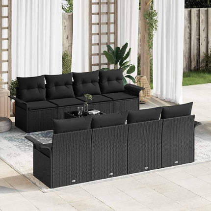 Havesofa Sæt med pude med opbevaring 9 pcs Sort polyrattan
