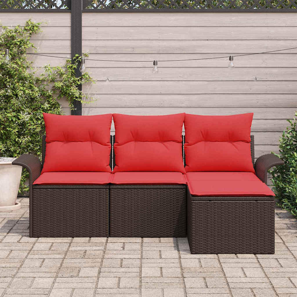 Havesofa Sæt med pude med opbevaring 4 pcs Brun polyrattan