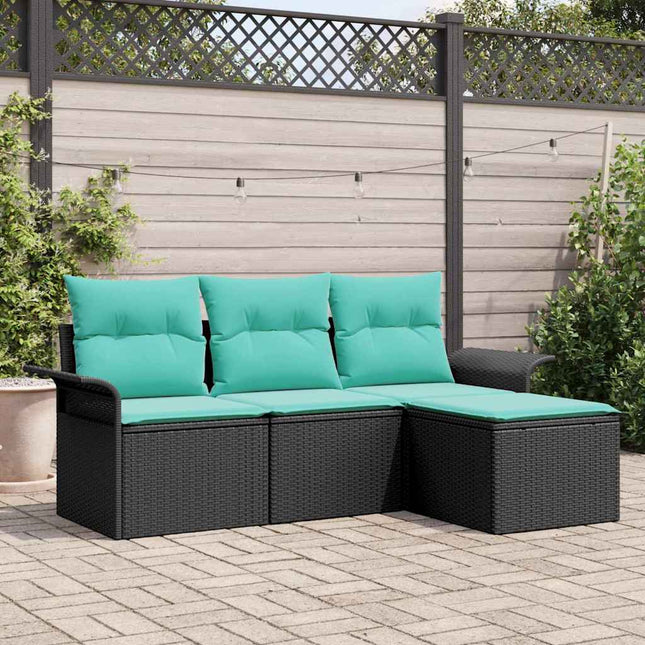 Havesofa Sæt med pude med opbevaring 4 pcs Sort polyrattan