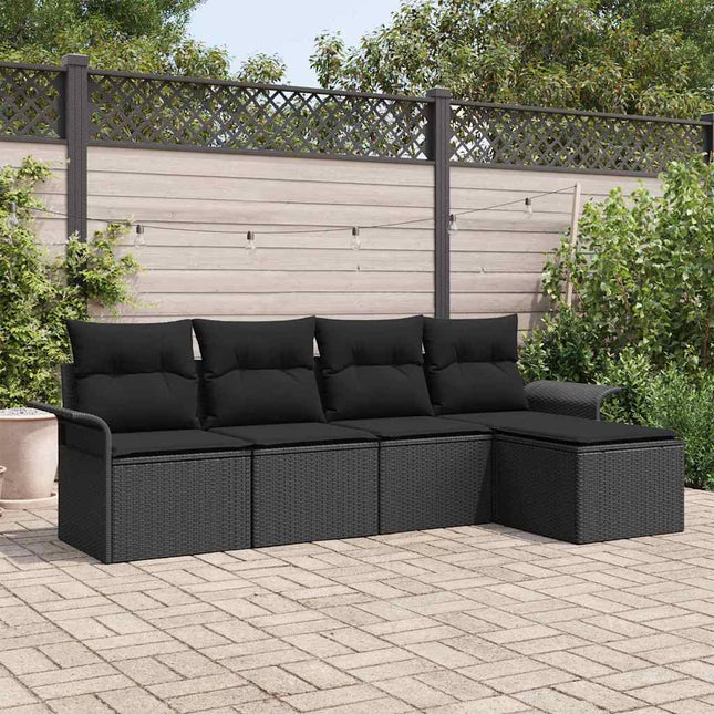 Havesofa Sæt med pude med opbevaring 5 pcs Sort polyrattan