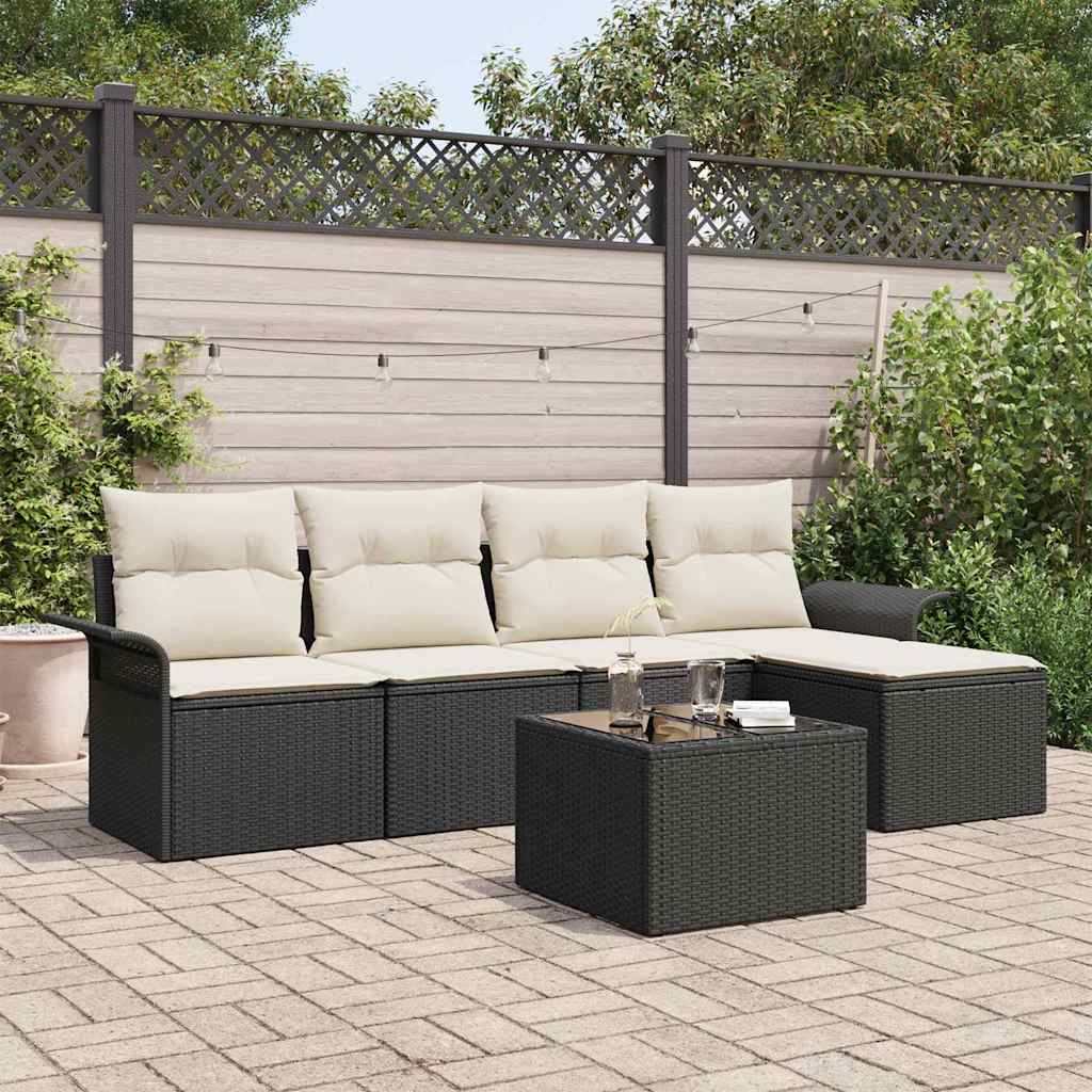 Havesofa Sæt med pude med opbevaring 6 pcs Sort polyrattan