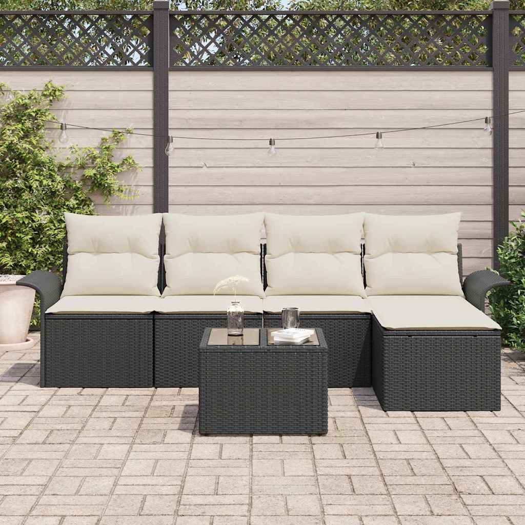 Havesofa Sæt med pude med opbevaring 6 pcs Sort polyrattan