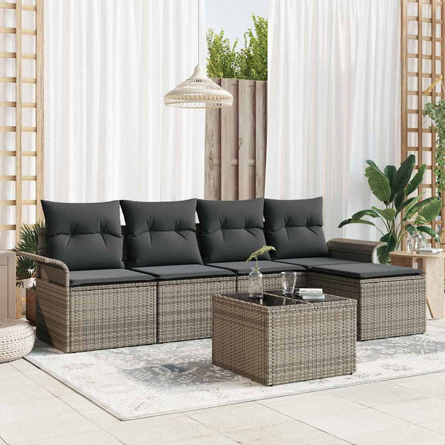 Havesofa Sæt med pude med opbevaring 6 pcs Grå polyrattan