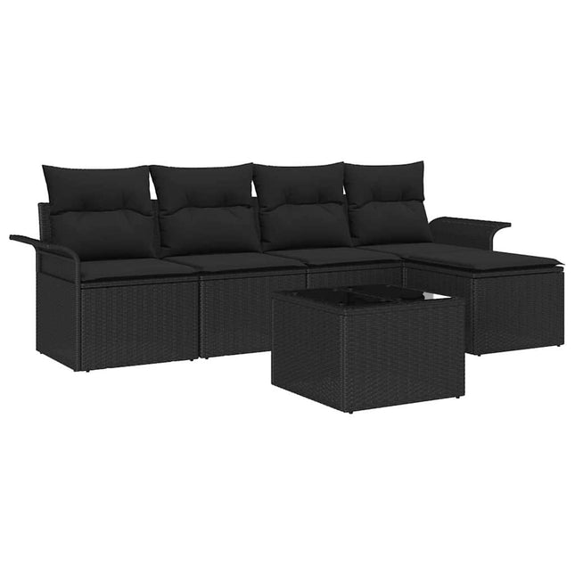Havesofa Sæt med pude med opbevaring 6 pcs Sort polyrattan