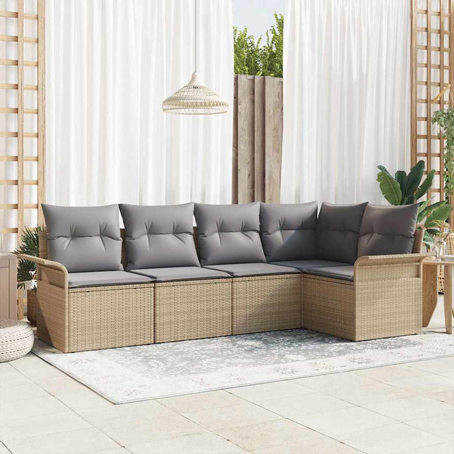 Havesofa Sæt med pude med opbevaring 5 pcs Beige Poly rattan