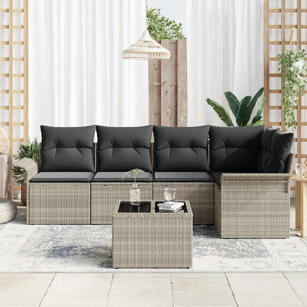 Havesofa Sæt med pude med opbevaring 6 pcs Lysegrå Poly rattan